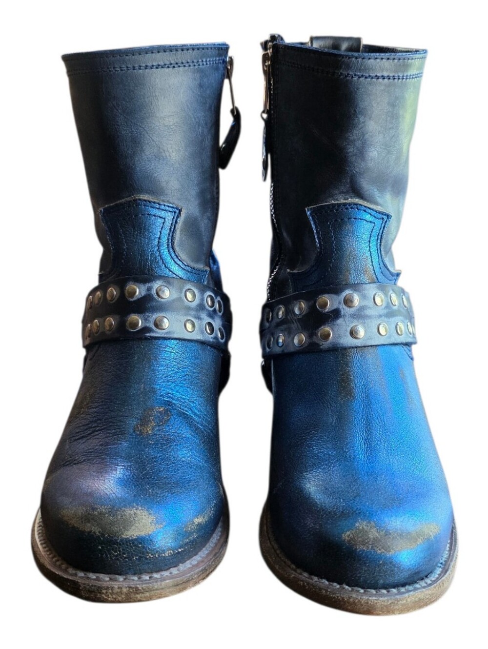 Freebird By Steven Metallic Blue Leather Harness Ramone Boots - Picture 5 of 11